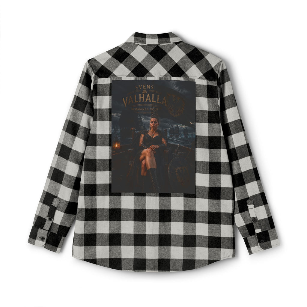 Black Plaid Flannel Shirt — 'Valhalla' Graphic Back Patch, Retro Femme Design