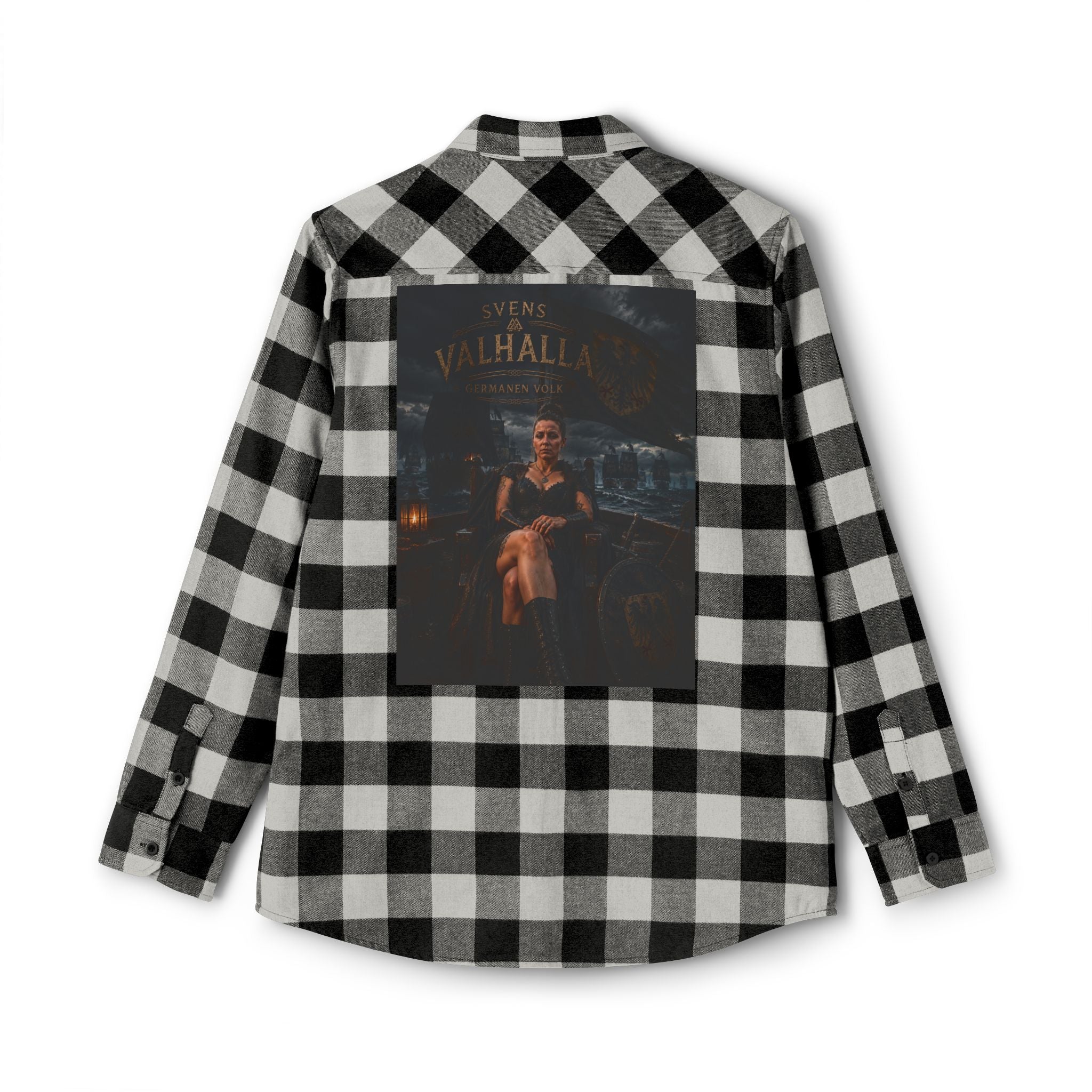 Black Plaid Flannel Shirt — 'Valhalla' Graphic Back Patch, Retro Femme Design