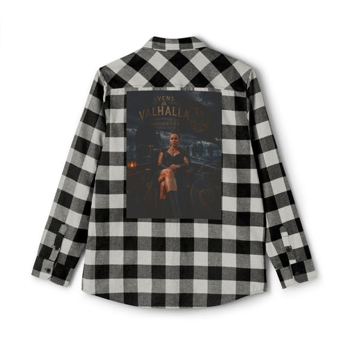 Black Plaid Flannel Shirt — 'Valhalla' Graphic Back Patch, Retro Femme Design