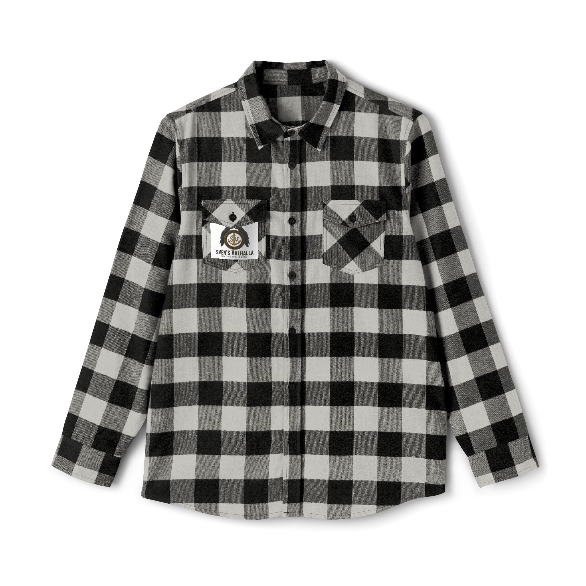 Black Plaid Flannel Shirt — 'Valhalla' Graphic Back Patch, Retro Femme Design