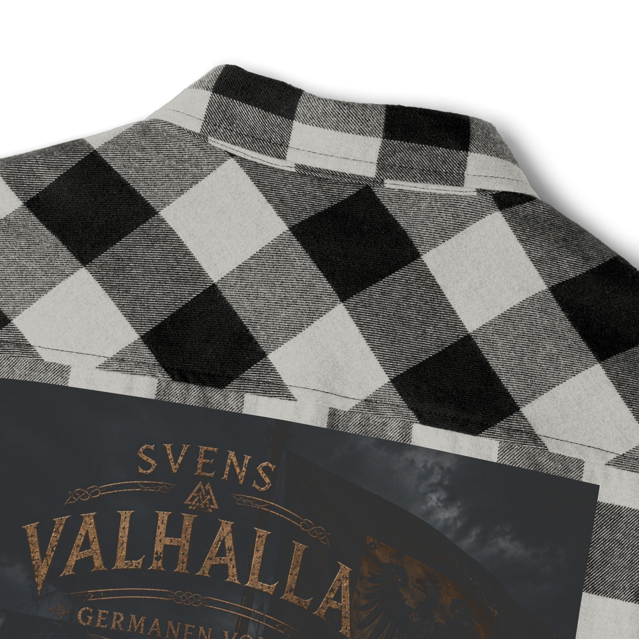 Black Plaid Flannel Shirt — 'Valhalla' Graphic Back Patch, Retro Femme Design